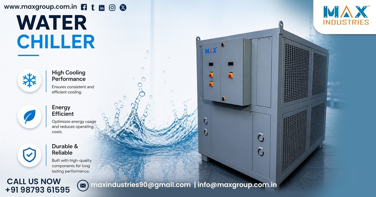 Industrial water cooled screw chiller system installed in Gujarat manufacturing facility